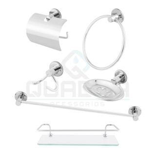 Kit Acessórios para Banheiro Aço Inox 6 Peças com Porta Shampoo Reto