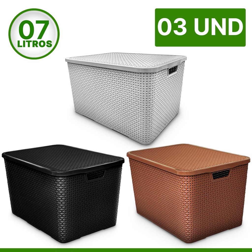 Kit 3 Caixa Organizadora Cesto Rattan Preto Branco Marrom 7 Litros Com Tampa