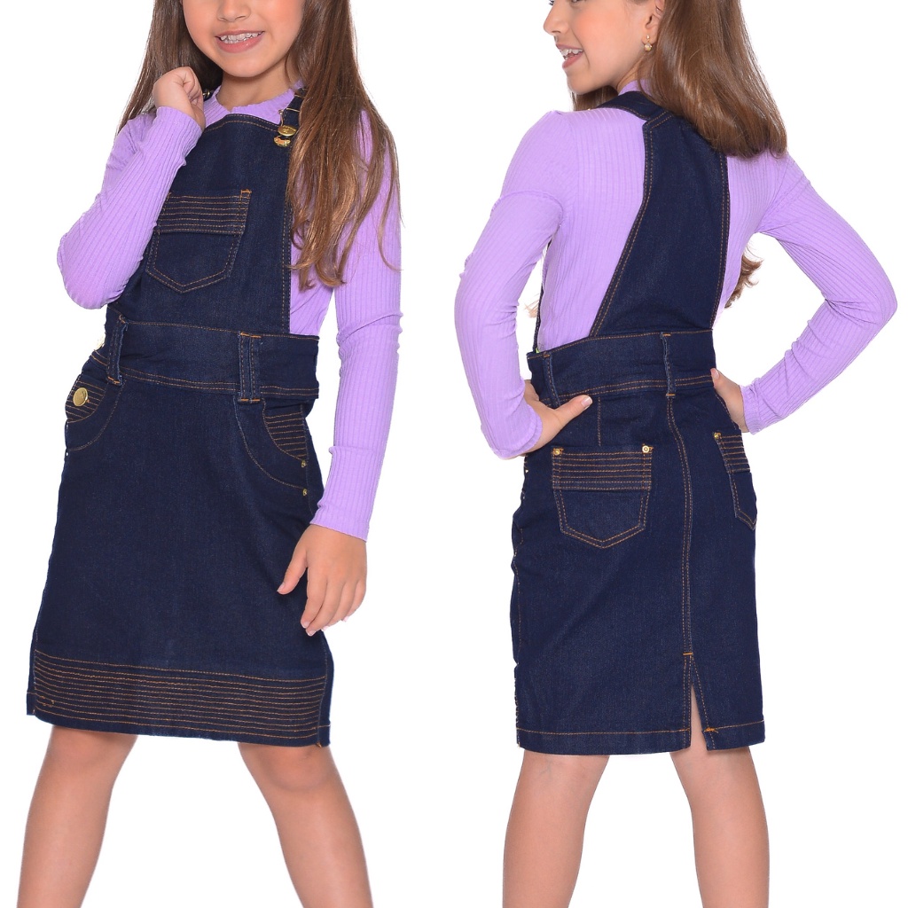 Jardineira Jeans Barra Listra Juvenil 7PALLAS em Oferta na Shopee