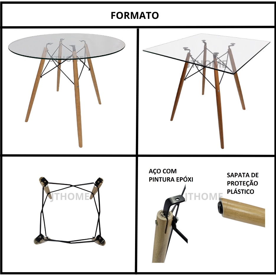 Mesa Redonda ou Quadrada 70cm 80cm 90cm Jantar Cozinha Vidro Temperado Base Eiffel X 75cm Sala Centro Lateral