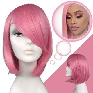 Peruca Curta Cosplay Corte De Bico Long Bob 40cm Rosa