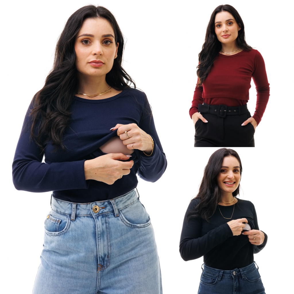 Kit Com 3 Blusa Para Amamentação Manga Longa Gola Redonda