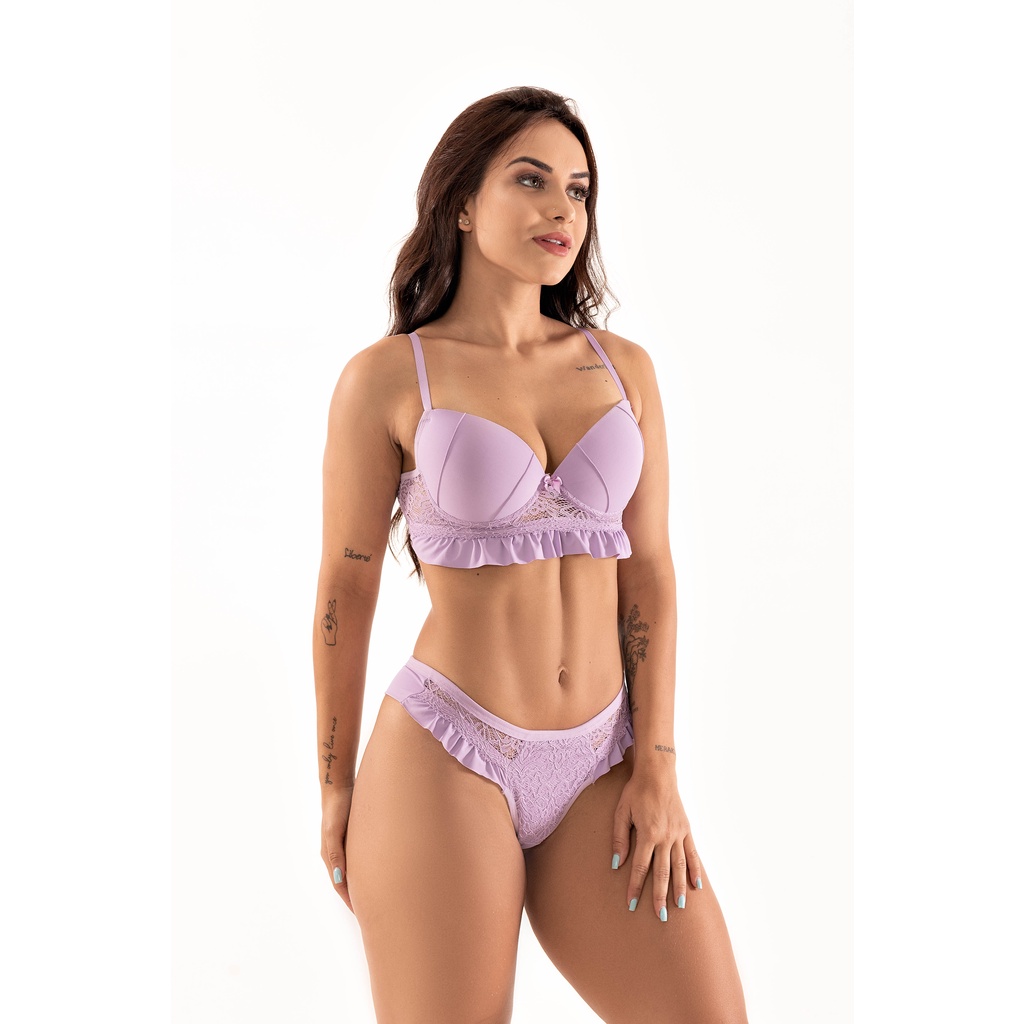 Conjunto Lingerie Calcinha e Sutiã Com Bojo Moda Feminina