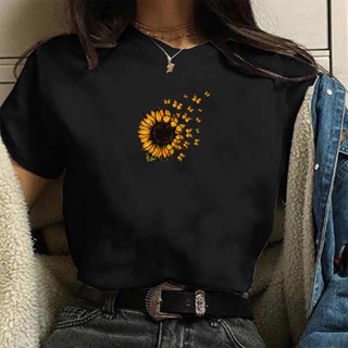 Camiseta Feminina Girassol Formaçao Borboletas Blusa estampada preta de algodão