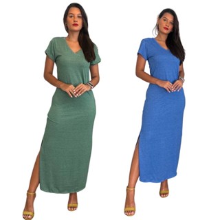 Vestido Longo Gola V Em Malha Mesclada Com Fenda Lateral