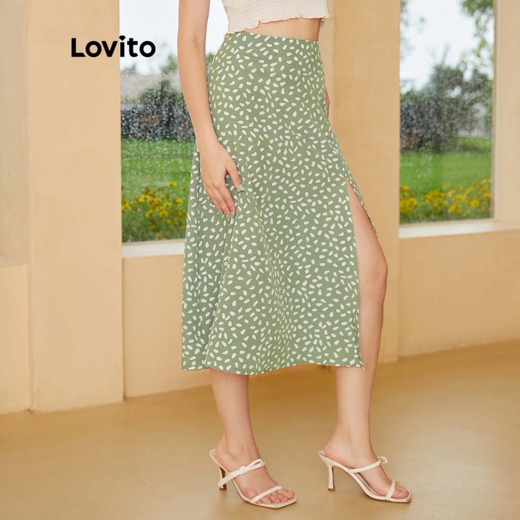 Lovito Boho Saia Floral com Fenda de Baile L24ED146 (Verde) em Oferta na Shopee
