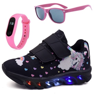 Tênis Infantil Feminino de Led Unicornio Menina Preto Tira Colante com Óculos e Relógio em Oferta na Shopee