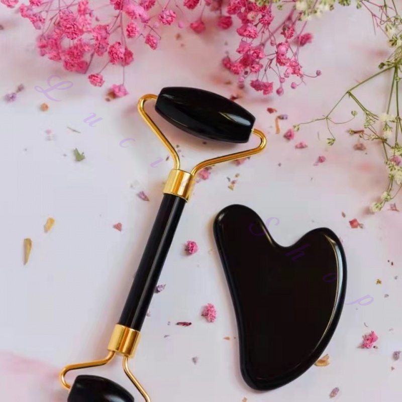 Rolo Pedra de Jade + placa gua Sha Massagem Facial Anti Ruga