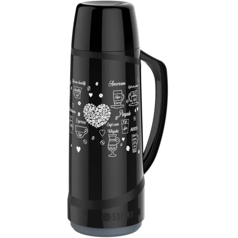 GARRAFA TÉRMICA COM TAMPA CRISTAL 1 LITRO - DECORADA CAFÉ - SOPRANO PRETO