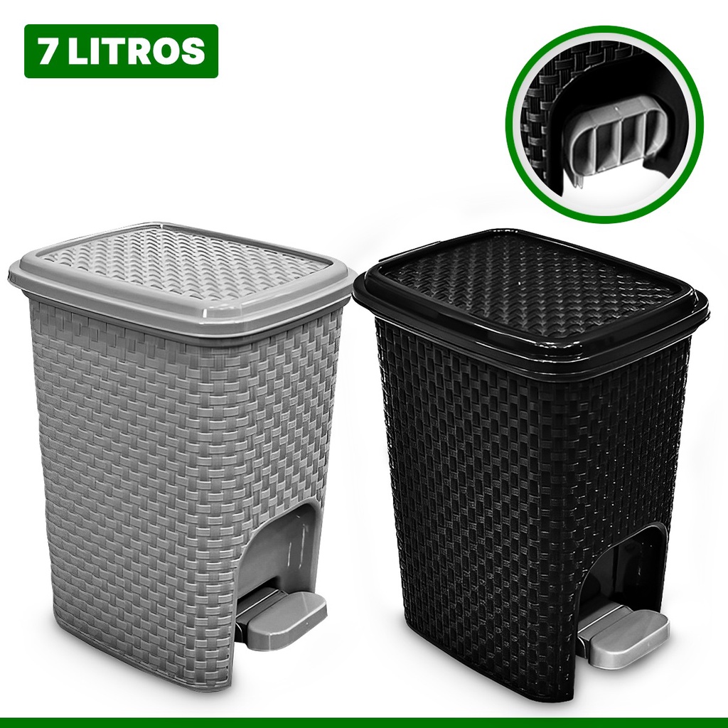 Lixeira Cozinha Banheiro Rattan Preta Organizadora Com Pedal 7 Litros 25738