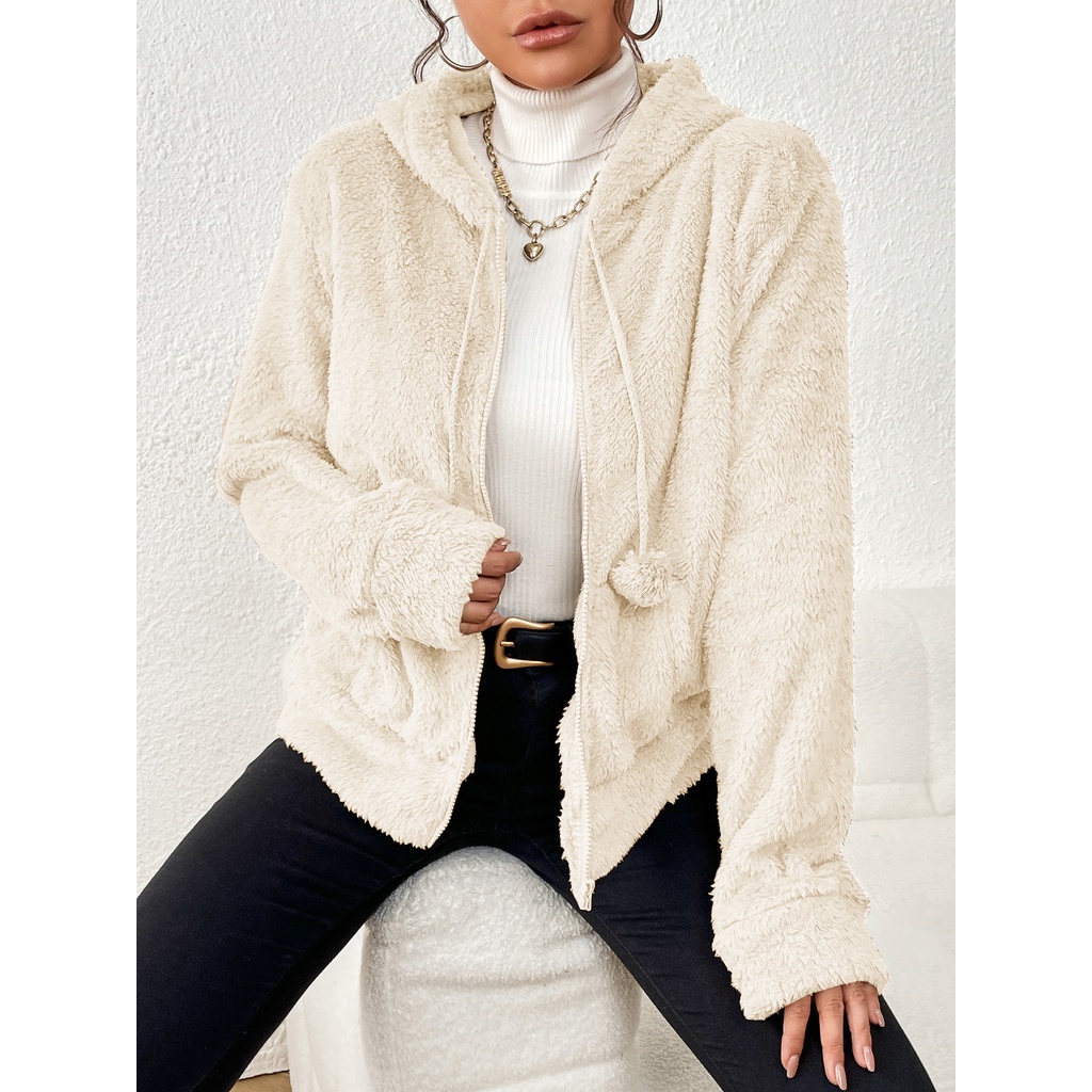 Casaco Com pelinho e Pompom  tedy feminino manga longa com zíper e capuz grosso importado em Oferta na Shopee