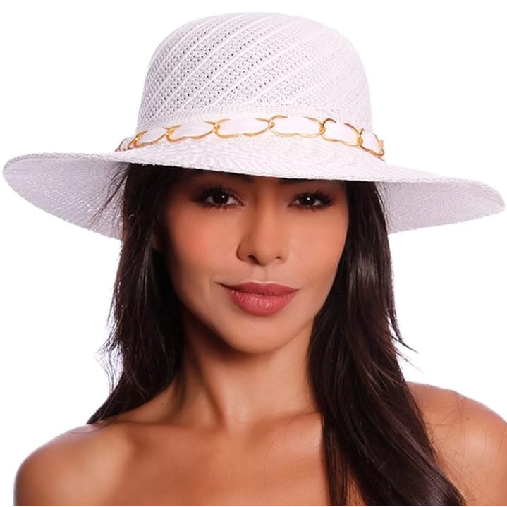 Chapéu Feminino de Praia Detalhe em Corrente e Laço em Oferta na Shopee