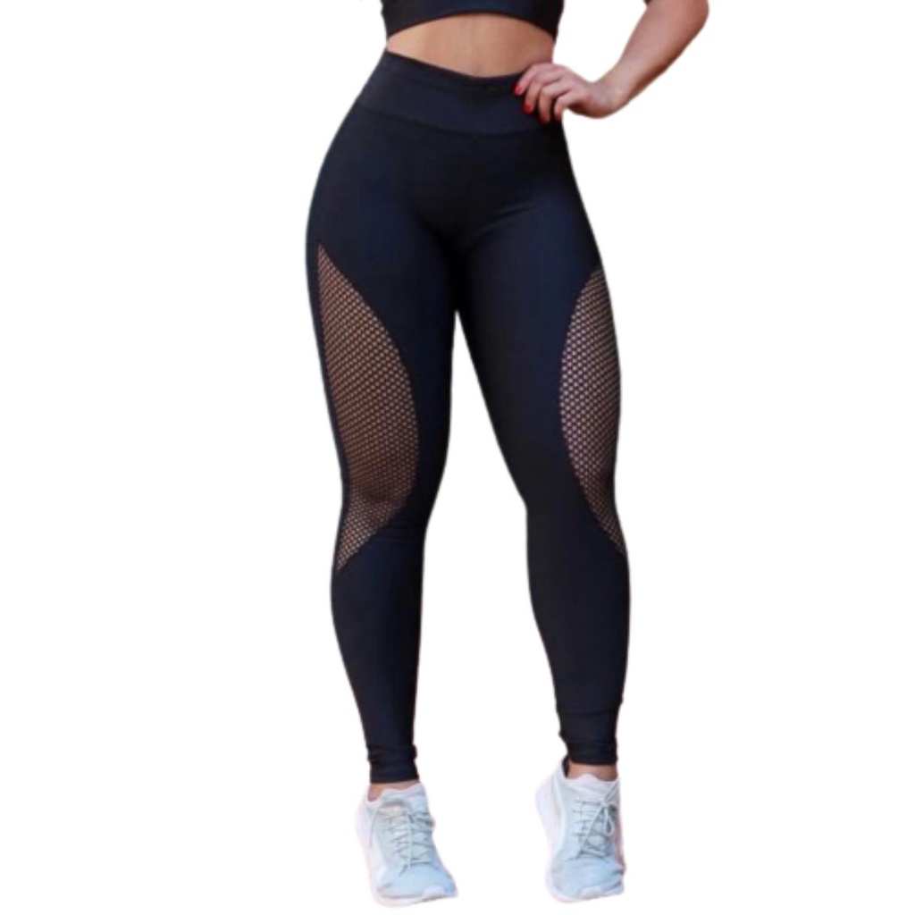 Calça Arrastão Legging Detalhe Rede Academia Fitness Suplex