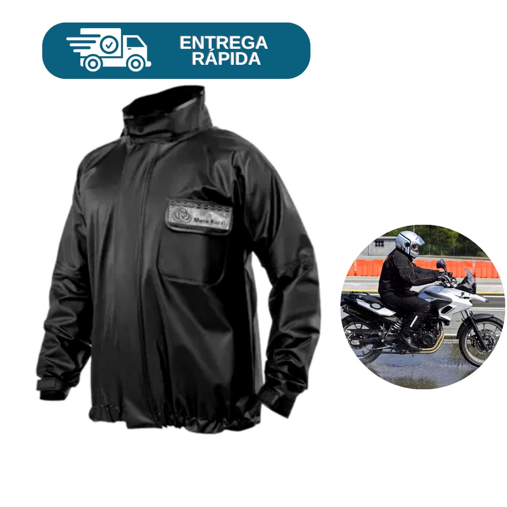 Blusão Jaqueta De Pvc Preto Impermeável Para Chuva Motoqueiro Motoboy Com Gola Proteção EPI