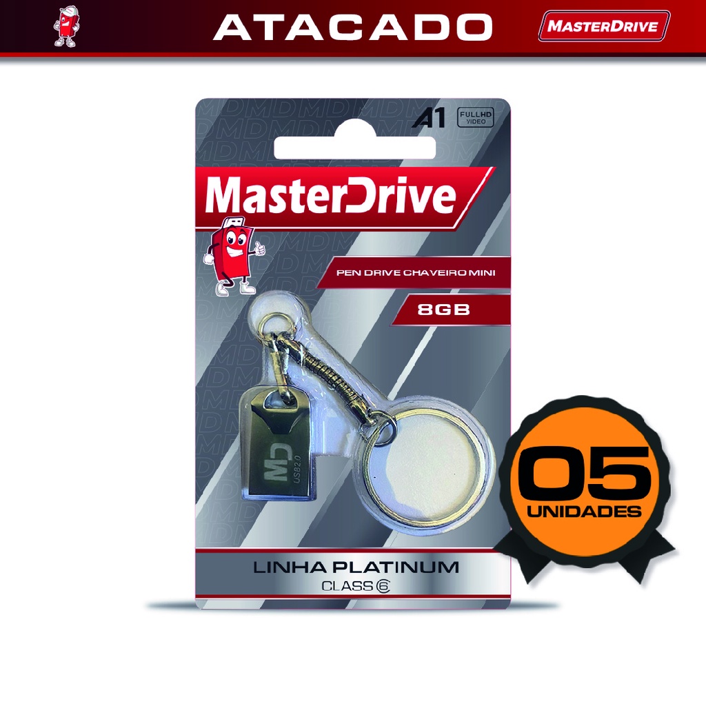 Kit 5 Mini Pendrive 8GB Tipo Chaveiro MasterDrive Platinum Original Pen Drive 8GB Nano Fit Flash