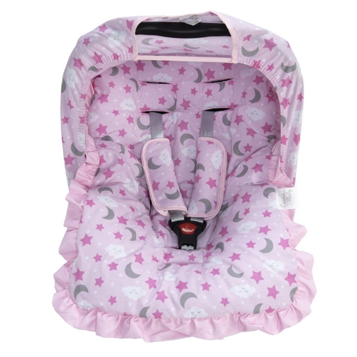 Kit completo para Bebê Conforto, Menina, Estrelinha, Rosa, Capota, Protetor de Cinto, Capa
