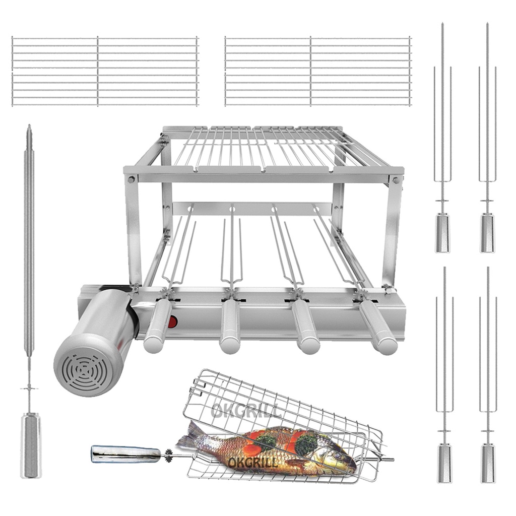 Churrasqueira Gira Grill SEVEFORT Inox 4 Espetos + 2 Grelhas Auxiliares + Grelha Giratória Frango Peixe - MOTOR EXTRA FORTE