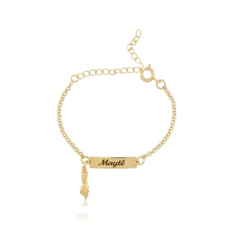 Pulseira Infantil Bebê Rn Figa Gravação Nome Folheado a Ouro 18k