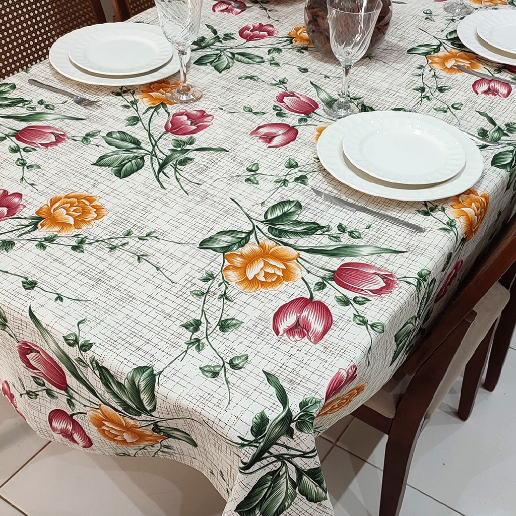 Toalha de Mesa Retangular 6 Lugares Linhão Estampado 2,20m X 1,40m Tulipas Sala/Jantar