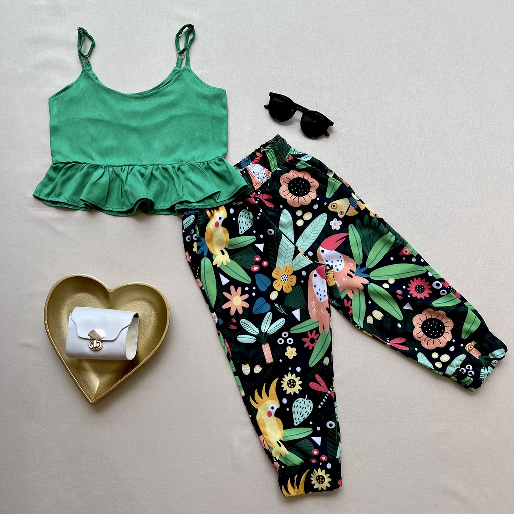 Conjunto calça jogger com cropped infantil feminino estampado babado ajustável modinha infantil menina criança