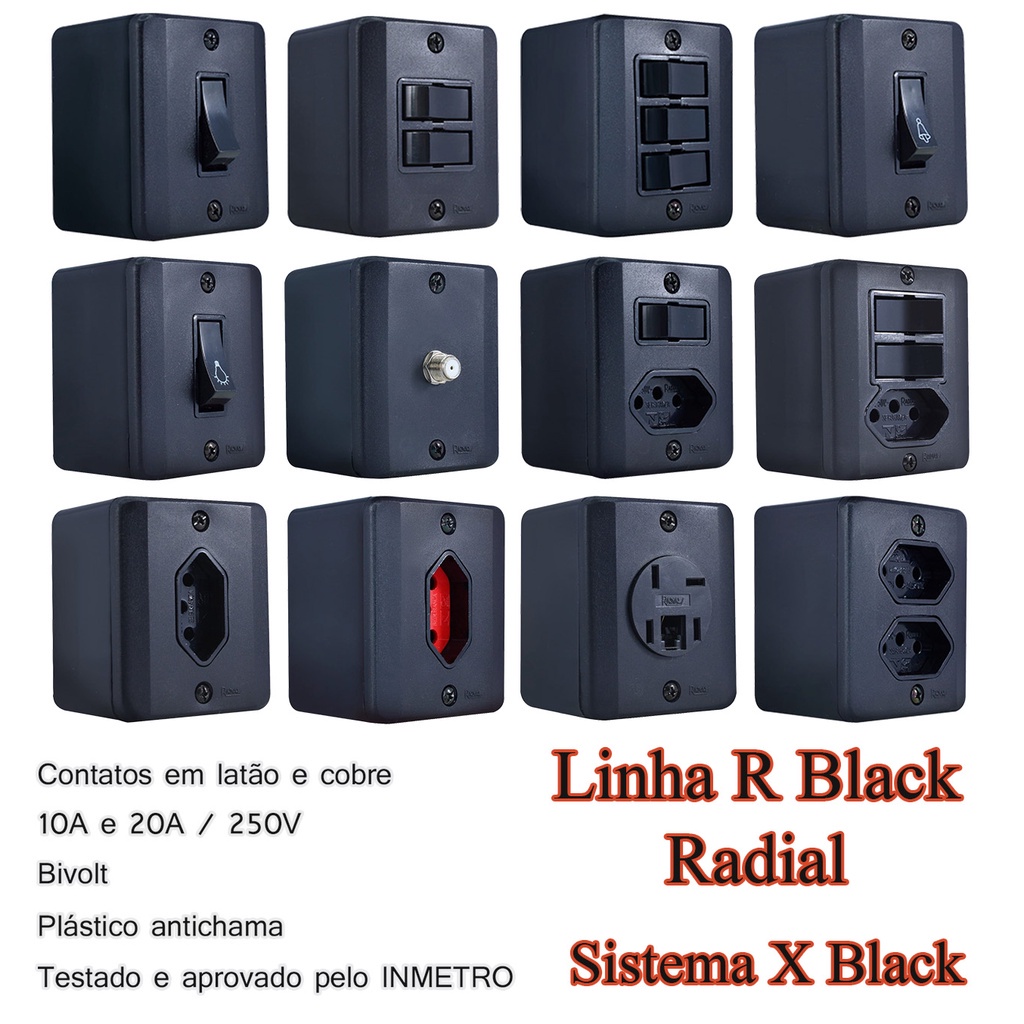 Conjunto Tomada e Interruptor 10A/20A Sobrepor Sistema X RADIAL BLACK