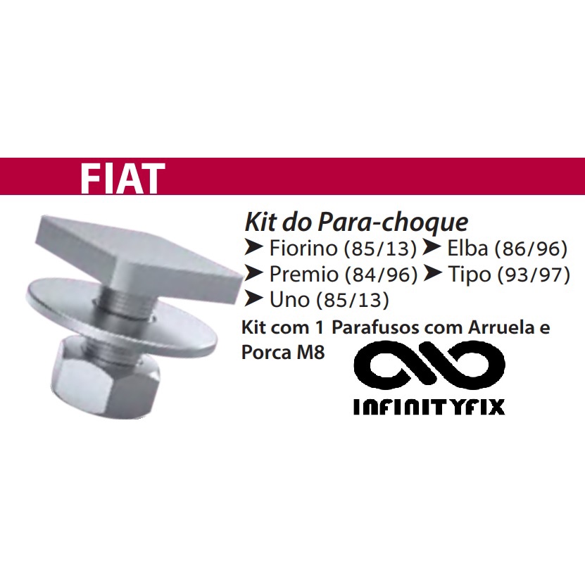 Kit do Para-choque 1 Parafuso, Arruela e Porca M8 Fiorino (85/13) Elba (86/96) Premio (84/96) Tipo (93/97) Uno (85/13)
