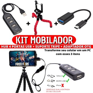 Kit Mobilador Hub 4 Portas USB + Cabo Adaptador OTG Tipo-c / Micro Usb V8 + Mini Tripe Suporte De Celular Flexível Ajustável