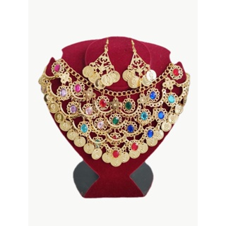 Colar de Moedas e Pedrinhas Coloridas com Brincos Dança do Ventre Dança Cigana Indiana Festa Fantasia em Oferta na Shopee