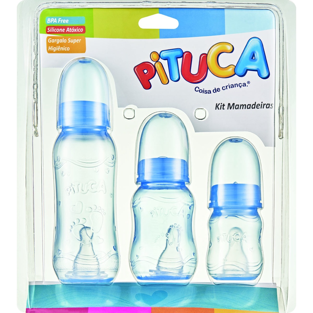 Kit 3 Mamadeiras Pituca bico redondo 100% silicone 240/150/80 bebê menino menina azul ou rosa e Mam — imagem 2 de 2