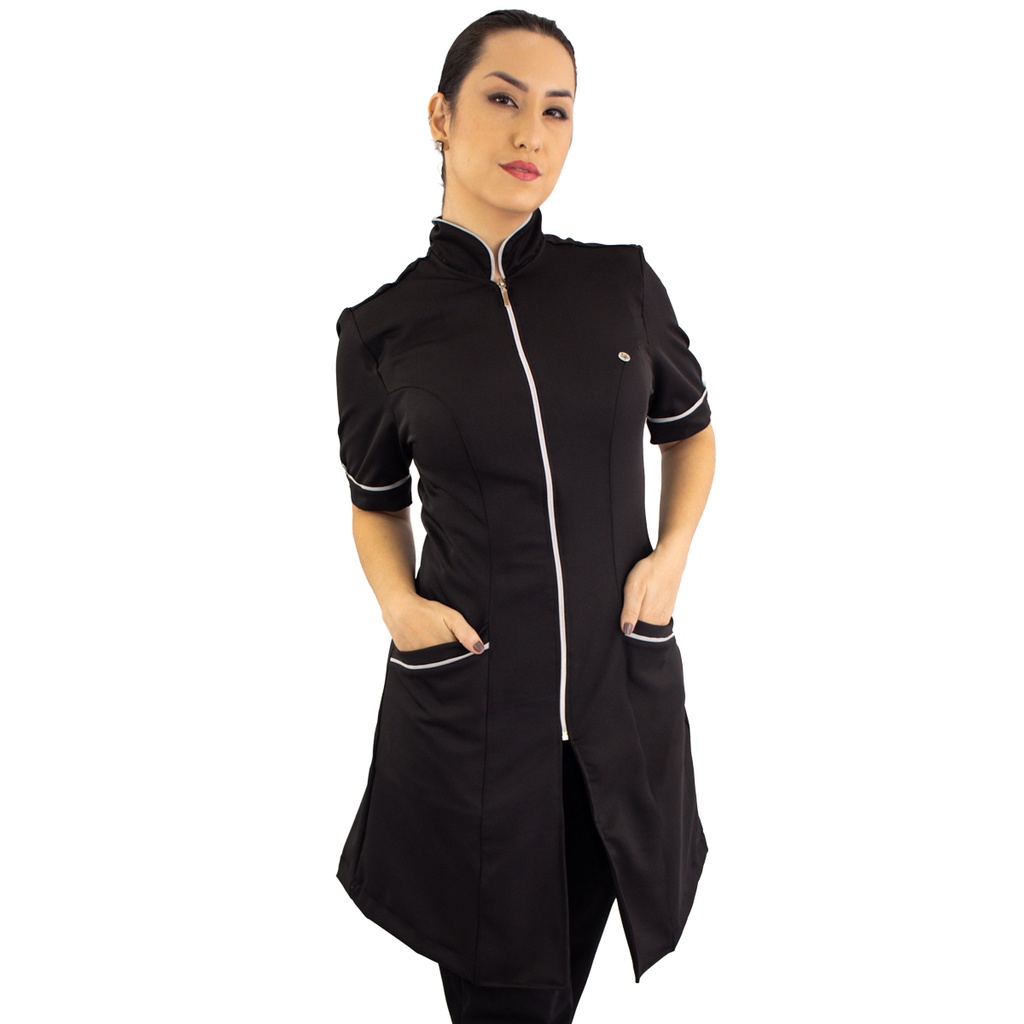 Jaleco Feminino Gola Padre Manga Curta Preto Esteticista Salão de Beleza Profissional Nail Designer Consultório