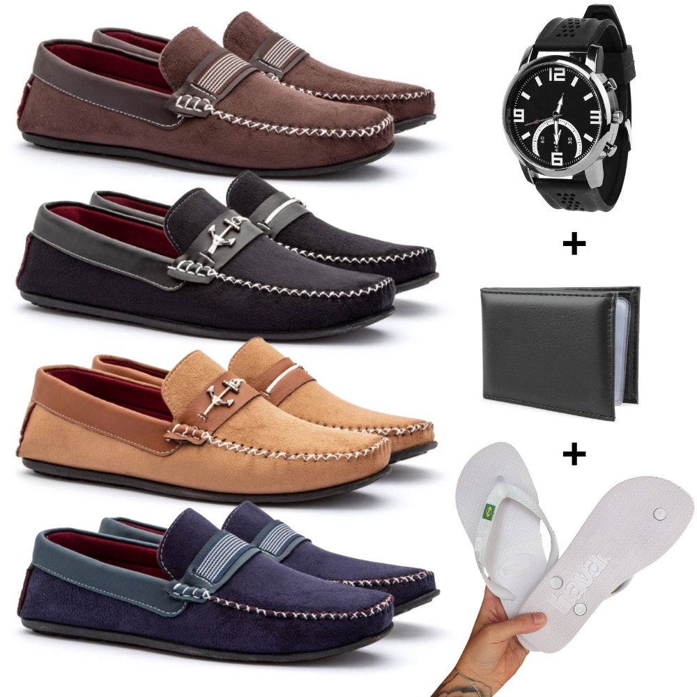 Kit 7 em 1 - 4 Pares Mocassim Masculino Extremo Conforto Lançamento + Chinelo Carteira e Relogio