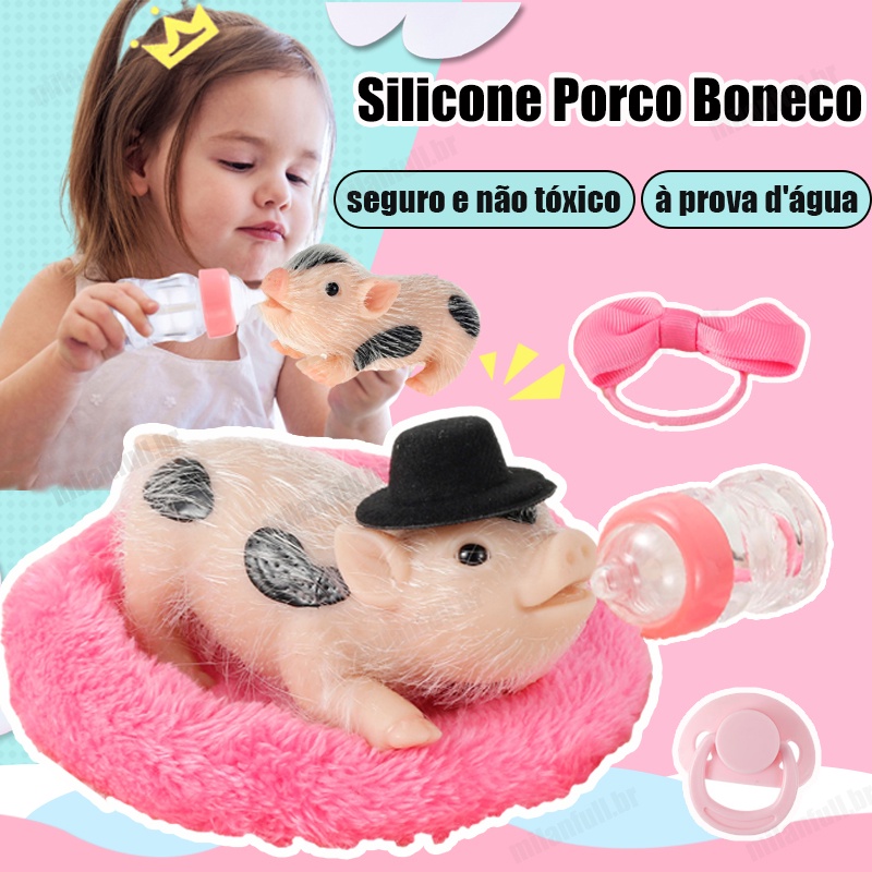 3/4/5/6/8PCS Boneca De Silicone Macia Simulação De Porco Mini Decoração De Corpo Inteiro Porquinho Silicone Piglet Com Arco De Porco Garrafa De Enfermagem E Almofada De Dormir Lifelike for Kids