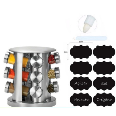 Porta Tempero e Condimento Suporte Giratório Redondo Inox 12 Potes de Vidro + Adesivos em Oferta na Shopee