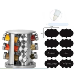 Porta Tempero e Condimento Suporte Giratório Redondo Inox 12 Potes de Vidro + Adesivos