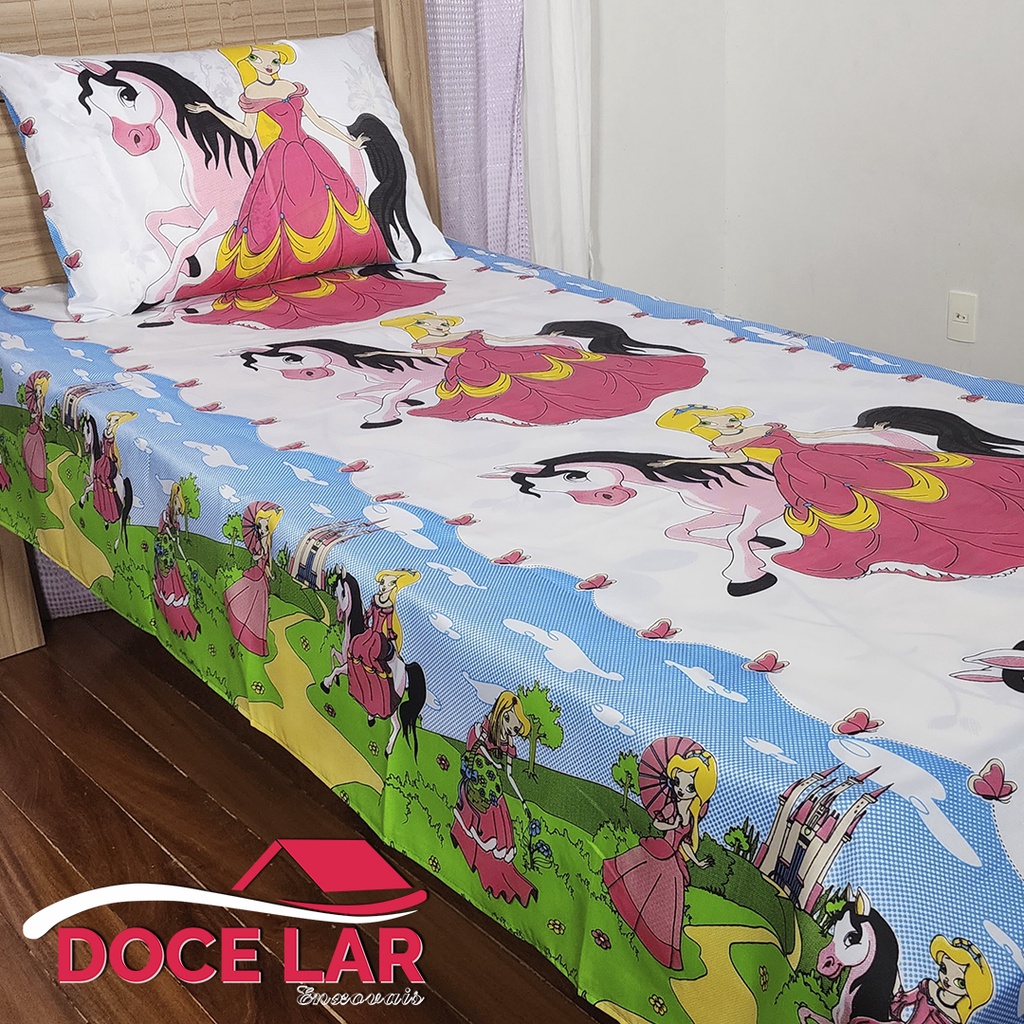 Colcha / Lençol De Cama Solteiro / Infantil Personagens Divertidos Oxford Kids (PRINCESA 1) + Fronha