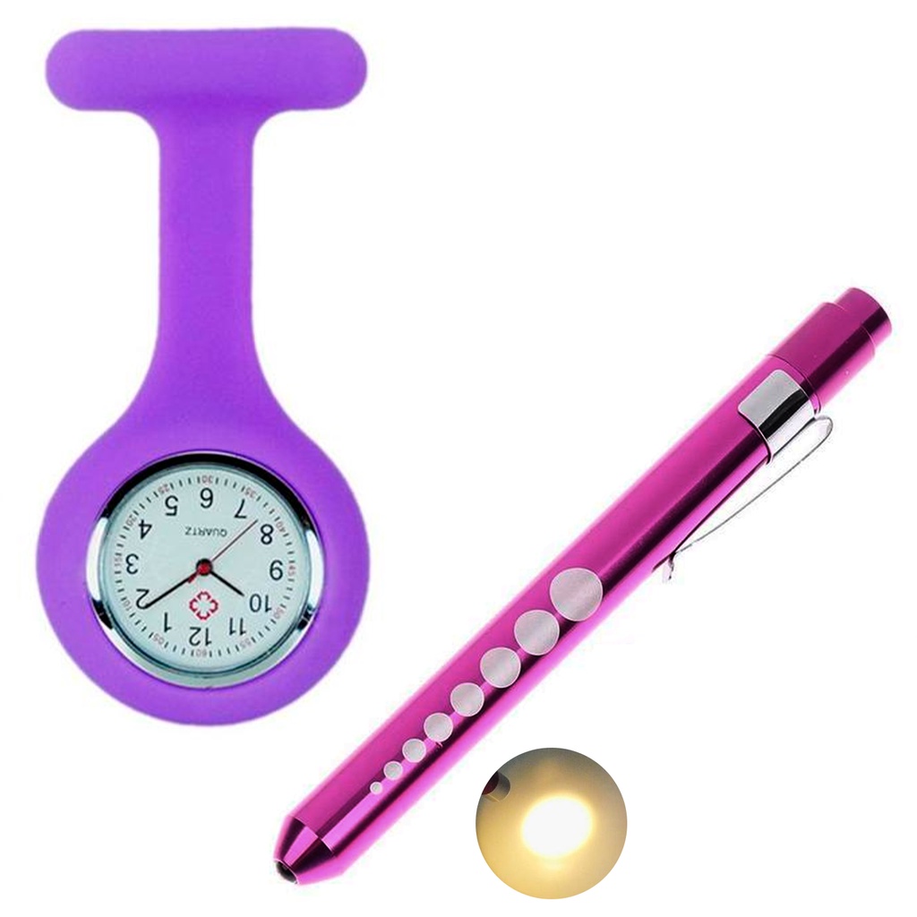 Relógio Lapela Silicone Enfermagem Roxo E Caneta Lanterna