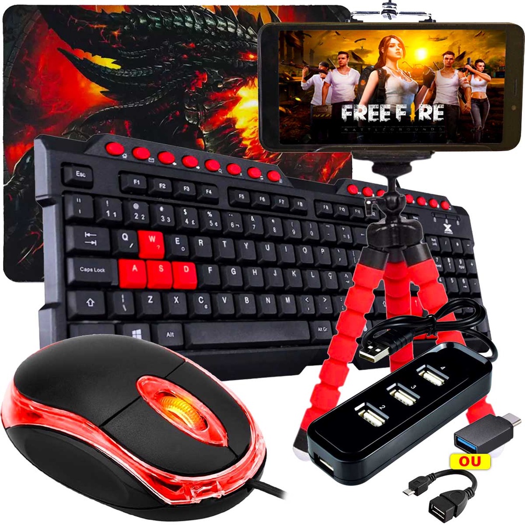 Kit Gamer para Celular 🔥 Teclado + Mouse + Suporte + Hub - Ideal FF/PUBG