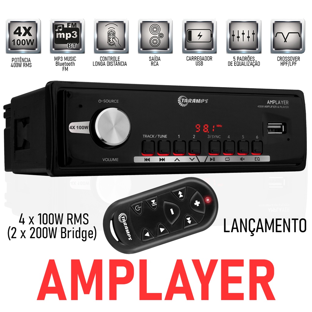 Rádio Player Taramps AMPlayer 400 Watts RMS Potência Amplificador/Player USB MP3 BT - Spare Parts and Accessories for Vehicles