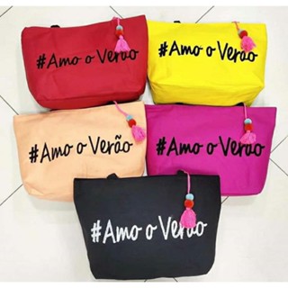 Bolsa de Praia Feminina Em Lona Com Forro E Fecho de Zíper Amo Verão