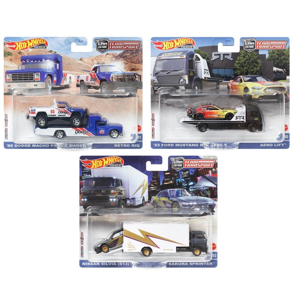 RODAS QUENTES 2023 TRANSPORTE DE EQUIPE DE CARRO PREMIUM ('23 Ford Mustang RTR Spec 5 & Aero Lift, '80 Dodge Macho Power Wagon & Retro Rig, Nissan Silvia (S13) & Sakura Sprinter) 1:64 HKF41 DIECAST SCALE CAR