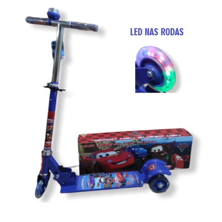 Patinete Infantil 3D Metal Carros Menino Azul Dobrável de Ferro Com Led Nas 3 Rodas Buzina