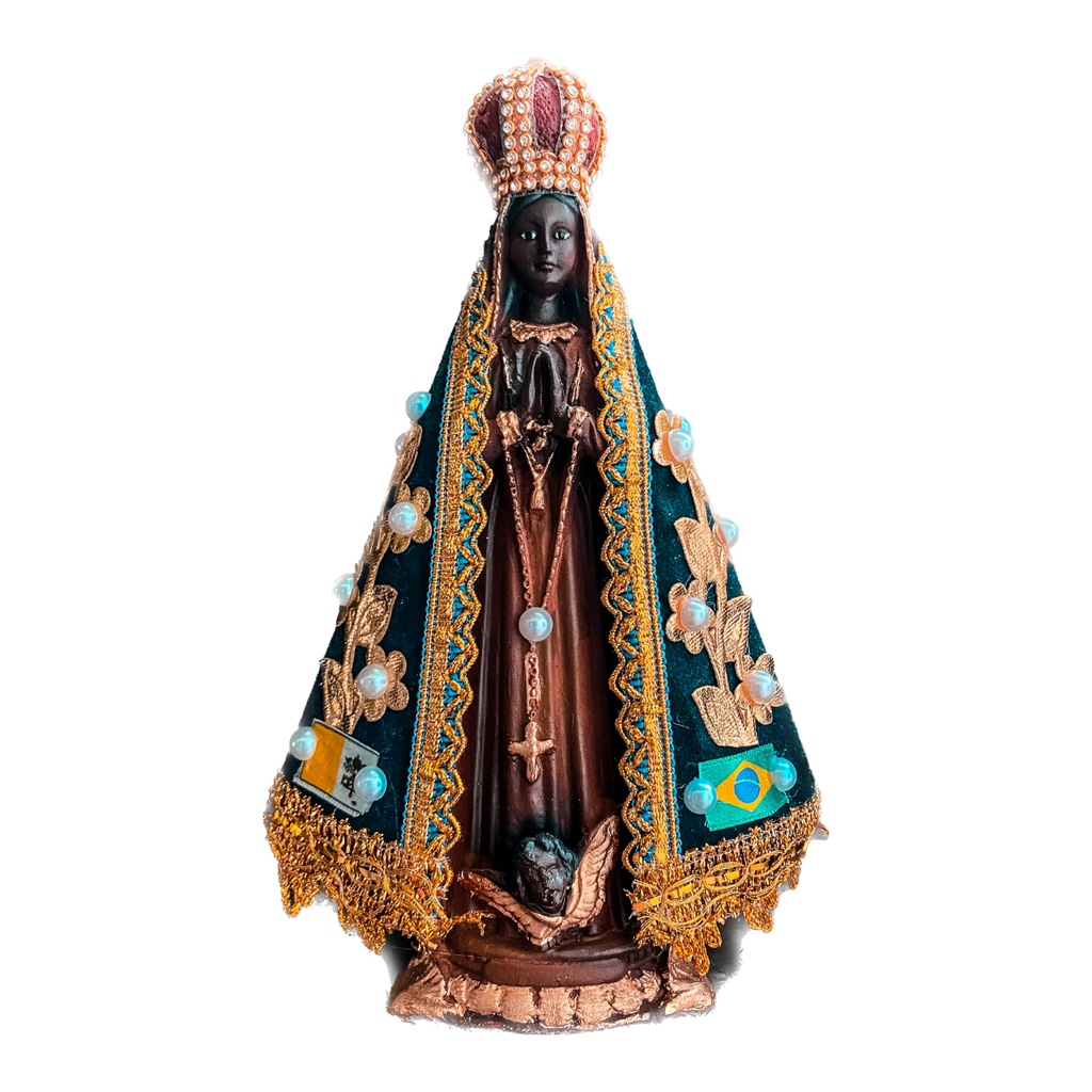 Imagem de Nossa Senhora Aparecida de Gesso com Acabamento em Resina e Manto decorado com Pérolas - 20cm - Fé - Devoção em Oferta na Shopee