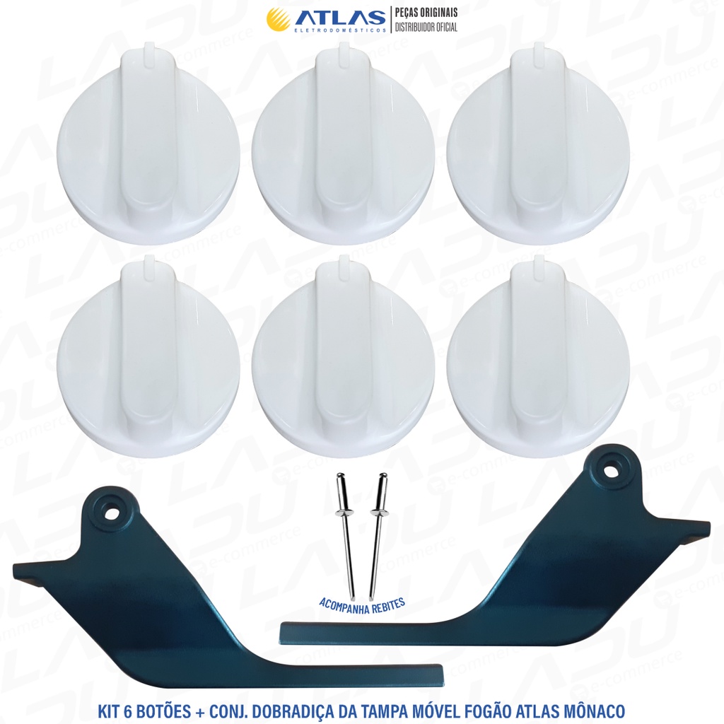 06 BOTÕES MANÍPULOS + CONJ. DOBRADIÇA DA TAMPA MÓVEL FOGÃO ATLAS MÔNACO GLASS
