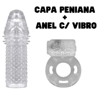 KIT Capa Peniana Extensora de Silicone + Anel Peniano Retarda Ejaculação e Estimulador de Clitóris - SEX SHOP