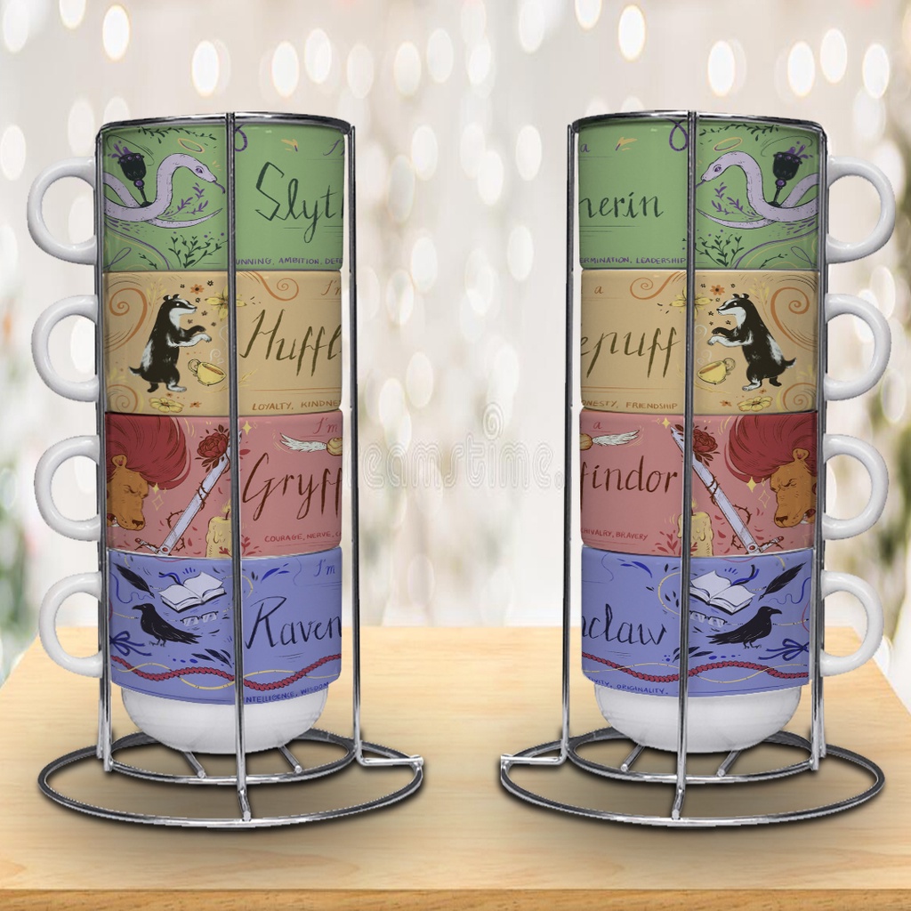 Torre 4 Xícaras Harry Potter casas Grinfinoria Sonserina Lufa-Lufa Corvinal com suporte inox Personalizada