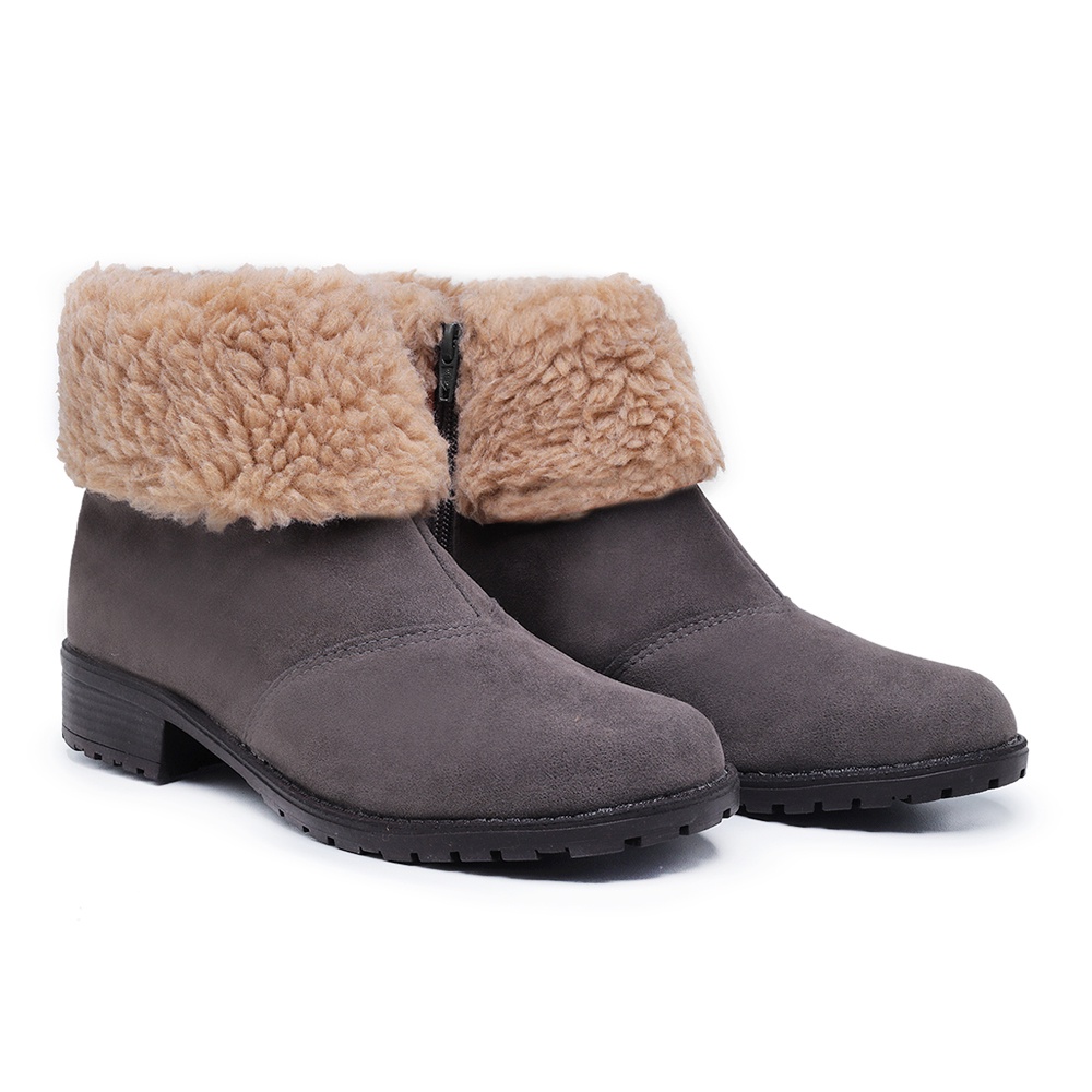 Bota Feminina Botinha Couro Sintetico Confortavel Polvora Com Pelo Linda Moça em Oferta na Shopee