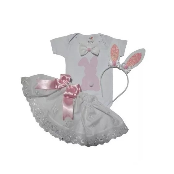 Conjunto Páscoa Menina Body Coelhinho Saia + Tiara Orelhinhas
