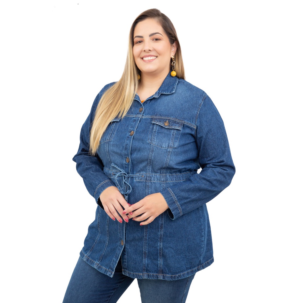 Parca jeans com cordão feminino Plus Size- CAMBOS- TAMANHOS GRANDES 48, 50, 52, 54 E 60.