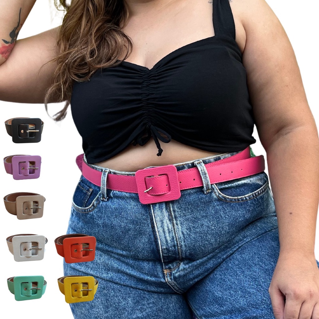 Cinto Feminino Plus Size Fivela Quadrada Colorido Couro Sintético Acessórios Moda Blogueira