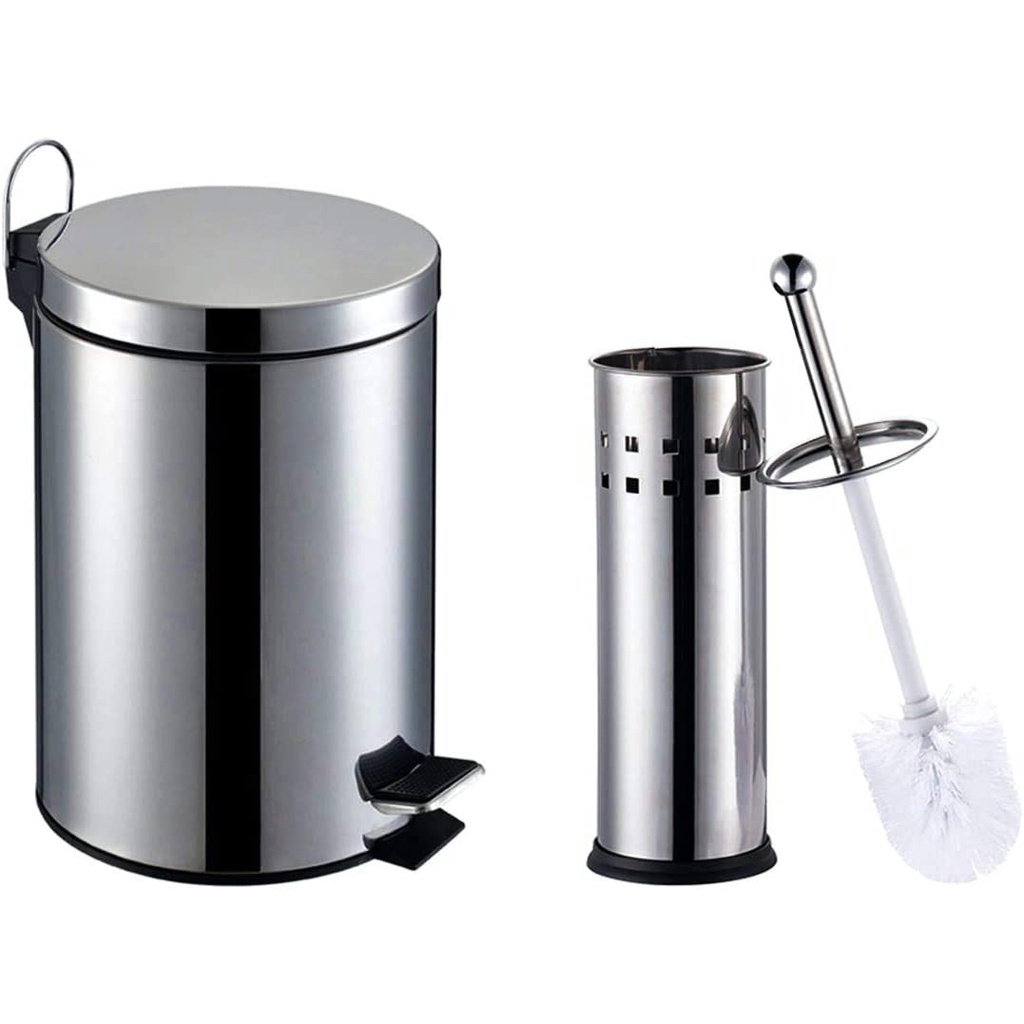 Kit Lixeira 3 litros Inox + Escova Sanitária Inox para Banheiro